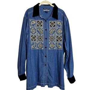 Notations Sport Womens Denim Shirt 1X Blue Button Up Beaded Black Velvet Trim